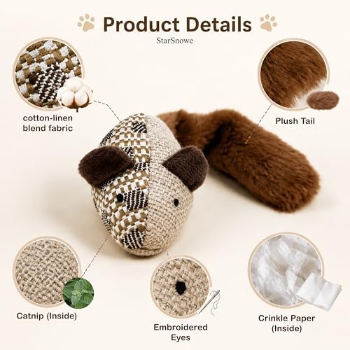 StarSnowe×Cotton-Linen Fuzzy Mouse,Cat Plush Toy with Catnip and Crinkle Paper, Interactive Fun Kitten Stuffed Toys Set-12in Big Mice (Mouse Hunter(Pack of 2)) - Image 3