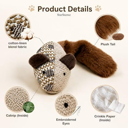 StarSnowe×Cotton-Linen Fuzzy Mouse,Cat Plush Toy with Catnip and Crinkle Paper, Interactive Fun Kitten Stuffed Toys Set-12in Big Mice (Mouse Hunter(Pack of 2)) - Image 3