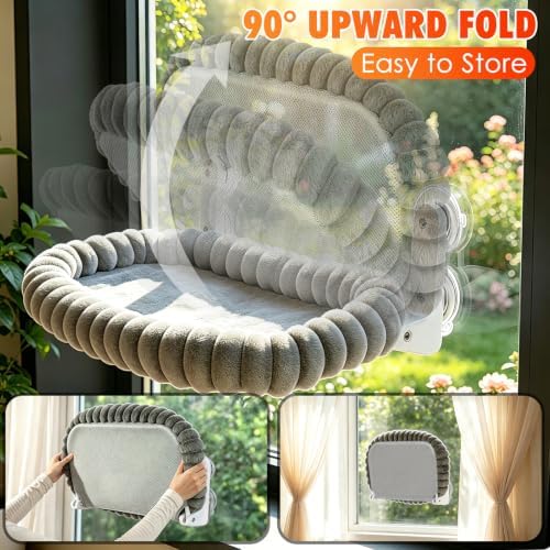 IPOW Cat Window Perch Cordless Foldable Cat Hammock Bed for Window with 4-Sided Bolster, Sturdy Metal Frame & Strong Suction Cups Window Hammock for Large Cats and Kittens 23.3 * 15.8in(Gray) - Image 2