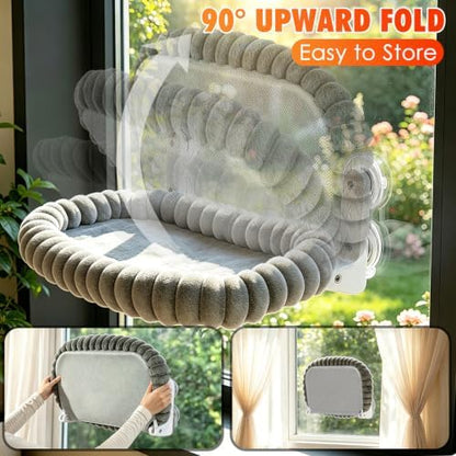 IPOW Cat Window Perch Cordless Foldable Cat Hammock Bed for Window with 4-Sided Bolster, Sturdy Metal Frame & Strong Suction Cups Window Hammock for Large Cats and Kittens 23.3 * 15.8in(Gray) - Image 2