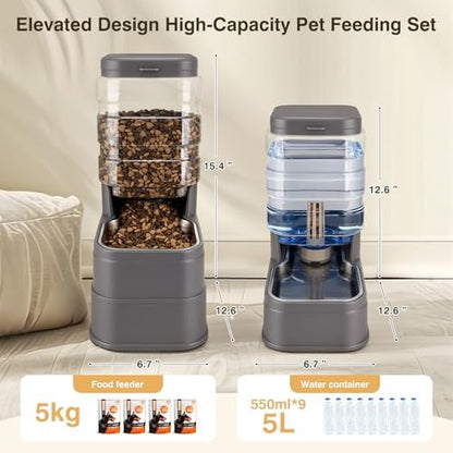 2 Pack Automatic Cat Feeder and Water Dispenser 1.3 Gallon Dog Gravity Food Feeder and Water with Ice Pack Stainless Steel Dry Food and Water Bowl for Small Medium Large Pets (Grey) - Image 2