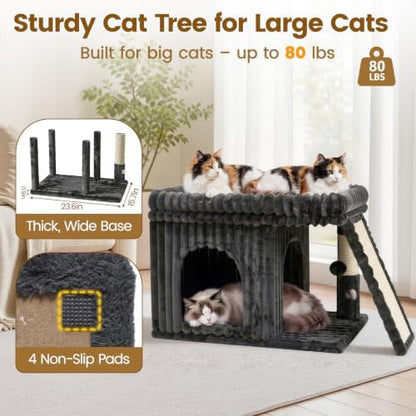 Cat Tree Tower with Scratching Post for Large Kitty, Gray Ribbed - Image 3