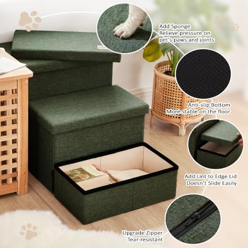 Love's cabin Dog Stairs for High Bed, Foldable Pet Stairs for Small Medium or Large Dogs Puppy with Storage for Bed or Couch, Cat Dog Steps Ramp with Zip up to 200 lbs, Dark Green, 3 Steps - Image 4
