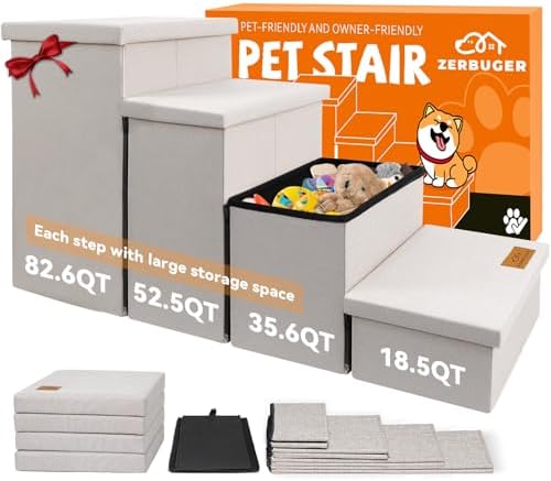 Zerbuger Dog Stairs with Storage, Beige 4 Steps Dog Ramp no Condo for Bed by Zerbuger