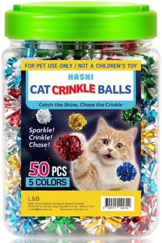HA SHI Cat Crinkle Balls 50 Pack, 1.6 Inch Shiny Mylar Toy Balls for Cats by HASHI