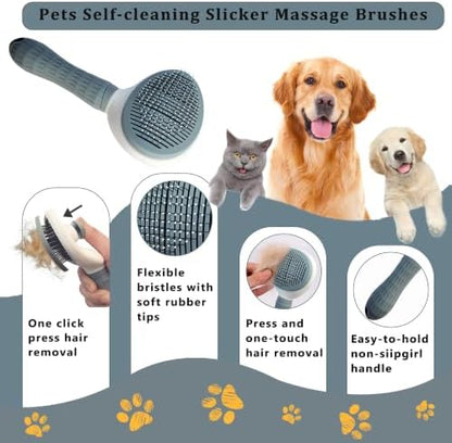7PCS Dog Grooming Brush Kit for Shedding and Matted Fur, Self-Cleaning Slicker Brush with Undercoat Rake, Flea Comb for Long-Haired Pets, Grey - Image 2