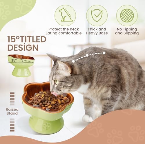 S&Q's CERAMICS Raised Cat Bowl, Elevated Cat Bowl for Food and Water, Ceramic Titled Dish, Anti Vomit & Whisker Friendly, Microwave and Dishwasher Safe (Brown, 5.8") - Image 3