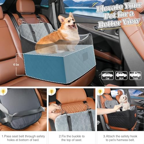 Dog Car Seat for Small Medium Dogs,Detachable Washable Dog Booster Seat Under 35lbs, Pet Car Seat Travel Bed with Storage Pockets and Safety Belt (Black/Grey, Medium) - Image 6