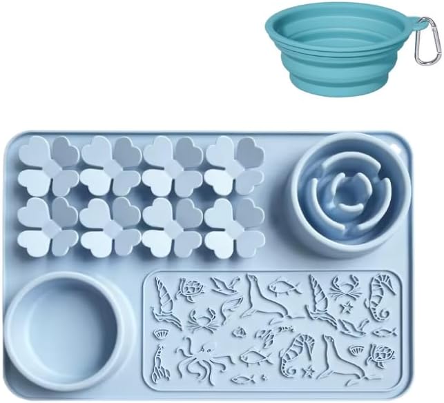 Silicone Lick Mat & Slow Feeder Bowl for Dogs and Cats – Suction Cup Snuffle Mat for Dogs and Cats – Slow Eating, Smell Training, Collapsible Portable Pet Bowl (Blue)