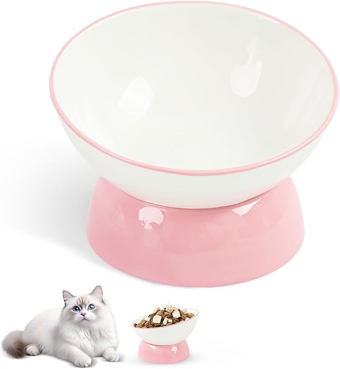 Cat Food Bowl, Ceramic Cat Bowls, Anti Whisker Fatigue Cats Bowl Set,Shallow Wide Kitten Plates for Food and Water (Pale Pink Xie)