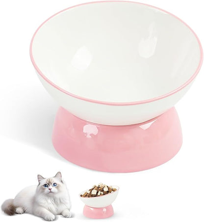 Cat Food Bowl, Ceramic Cat Bowls, Anti Whisker Fatigue Cats Bowl Set,Shallow Wide Kitten Plates for Food and Water (Pale Pink Xie)