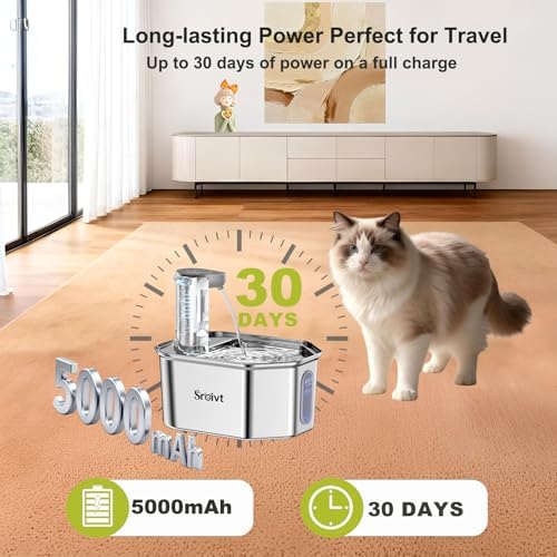 Cat Water Fountain Stainless Steel,Cordless,Rechargeable,2.6L,1 Filter - Image 3