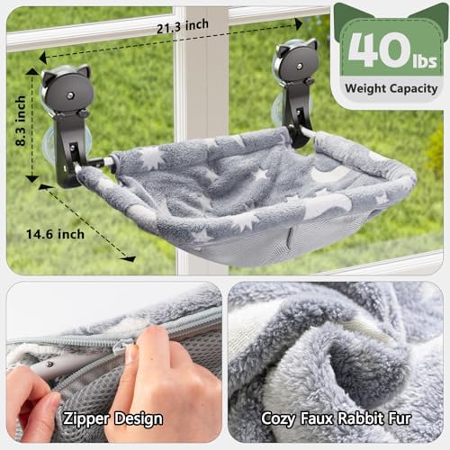 JUNSPOW Cat Window Perch Cordless, Glow in The Dark & Stable Cat Beds- Breathable Window Hammock for Overlooking, Sunbathing and Climbing - Maximum Hold Up to 40lb(Grey+Cream) - Image 6