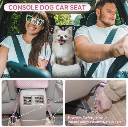 PETSFIT Cat Car Seat, Portable Console Dog Car Seat with Safe Protective Hooks, Luxury Pet Car Seat Includes Safety Leash and Storage Pocket for Pets Up to 9 lbs (Pink) - Image 2