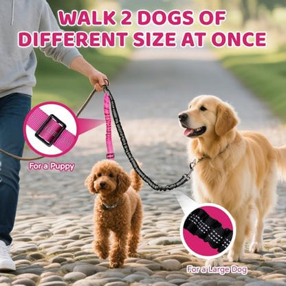 Double Dog Leash Coupler-360° Swivel, No Tangle Dual Walking Leash Attachment with Adjustable Strap & Reflective Shock Absorbing Bungee, Split Lead for Two Different Size Dogs - Image 3