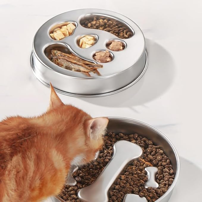 Slow Feeder Dog Bowl Stainless Steel Dog Slow Feeder Food Bowl, Metal Non-Slip Lick Plate,Puppy or Cat Food Holder,Pet Supplies,Puzzle Maze Dish for Small & Medium Sized Breeds (Bone)