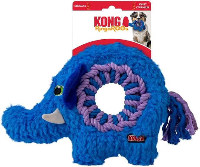 KONG Ringaroos - Interactive Rope Ring Dog Toy with Plush Squeaker - for Fetch, Tug & Cuddle - for Medium Sized Dogs (Blue Elephant)