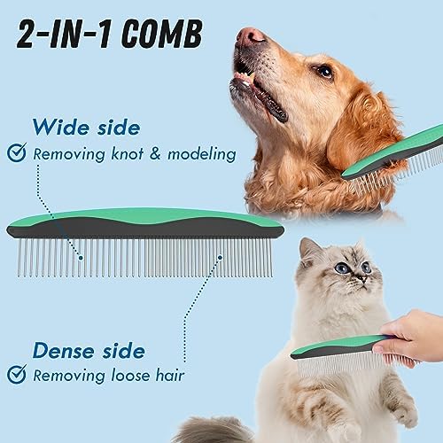 Docrok Pet Grooming Brush and Metal Comb Combo for Dogs & Cats, Green - Image 3