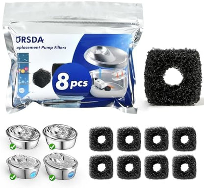 ORSDA Cat Water Fountain Pump Filters Pet Water Fountain Pump Sponges Compatible with All ORSDA/ZeePet Stainless Steel Dog and Cat Water Dispenser Black Filters Universal for All Models (8PCS) by ORSDA