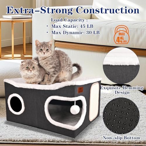 Extra Large Cat Beds for Indoor Cats, Covered Cat Cave Beds & Furniture with Scratch Pad and Fluffy Ball, Foldable Cat Condo with Reversible Cushion for Multi Small Pet Large Kittens, Dark Grey - Image 3