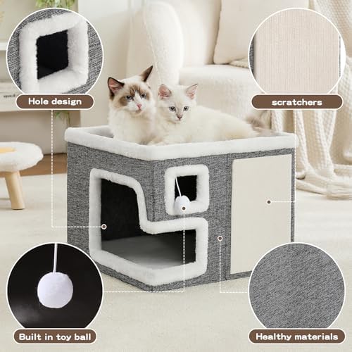 Cat Houses for Indoor Cats, Covered Cave Bed with Scratch Pad and Fluffy Ball, Foldable Cat Hideaway Condo for Large Cats, Modern Kitten Bed,16.5x16.5x13 inches (Grey, Large) - Image 2