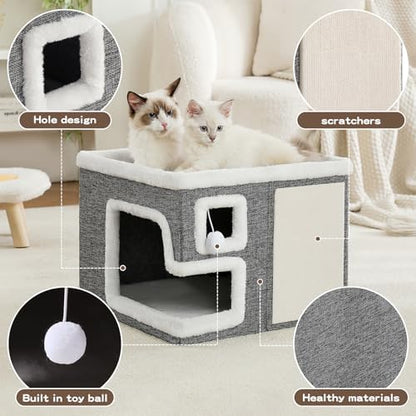 Cat Houses for Indoor Cats, Covered Cave Bed with Scratch Pad and Fluffy Ball, Foldable Cat Hideaway Condo for Large Cats, Modern Kitten Bed,16.5x16.5x13 inches (Grey, Large) - Image 2