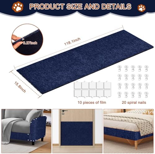 Cat Scratching Mat, 118.5"x15.9" Trimmable Self-Adhesive Cat Scratch Carpet, Couch Protector from Cats Claws, Furniture Corner Protectors for Cats, Indoor Furniture Protection for Chair (Dark Blue) - Image 2