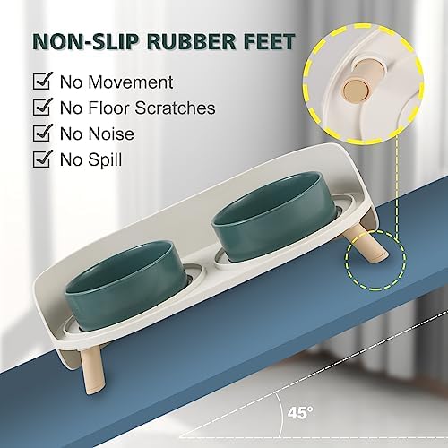 Raised Cat Food and Water Bowl Set - Elevated Ceramic Dishes with Non-Slip Stand and Splash Guard for Small Dogs - 2 x 320 ML (4.9 OZ) - Green - Image 4