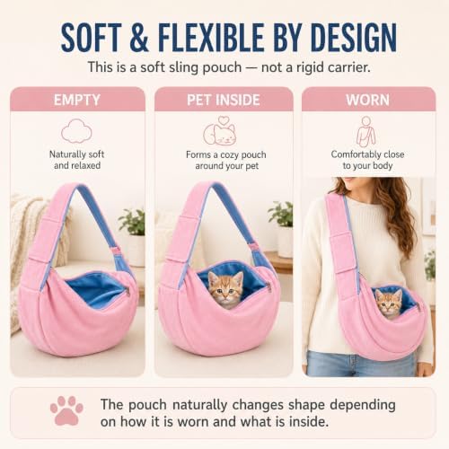 Cat Sling Carrier for Cats and Kittens, Soft Fleece Pet Sling Carrier Bag with Adjustable Shoulder Strap, Hands-Free Puppy and Small Dog Carrier Sling Travel Pouch for Small Pets Under 10 lbs, Pink - Image 4