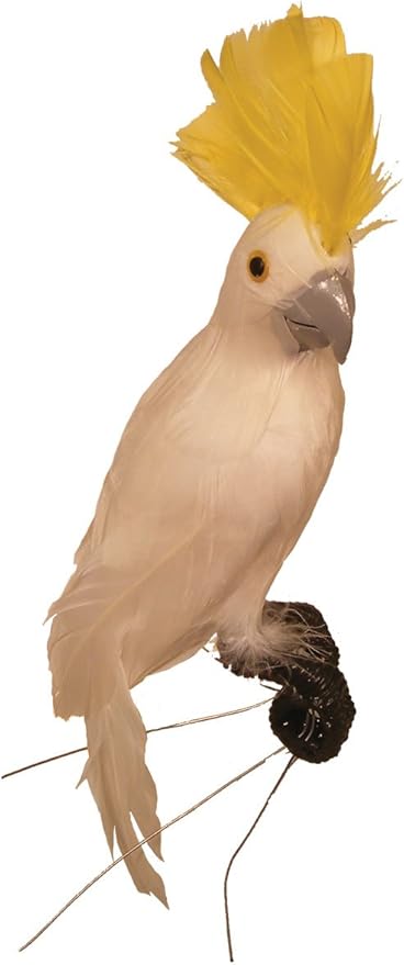 White Feathered Display Cockatoo Bird with Vibrant Yellow Head Feather Crest - Tikki Restaurant Prop, Pirate Costume or Baretta Fake Bird