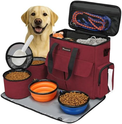 Modoker Weekend Dog Travel Bag with 2 Food Bags, 2 Bowls and Mat,Rose Red by Modoker