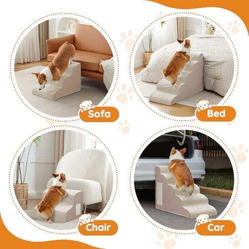 Ahpmeoa Dog Stairs for Small Dogs 19.7" H, Dog Ramp for Bed, 4-Step, Beige - Image 6