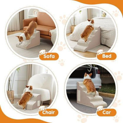 Ahpmeoa Dog Stairs for Small Dogs 19.7" H, Dog Ramp for Bed, 4-Step, Beige - Image 6