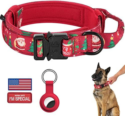 DAGANXI Christmas Tactical Dog Collar, Adjustable Military Training Nylon Dog Collar with Control Handle and Metal Buckle for Medium and Large Dogs, with Patches and Airtags Case (L, Christmas red) by DAGANXI