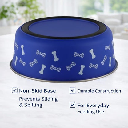 Anti-Skid Stainless Steel Dog Bowl with Anti-Skid Base, 32 fl oz | Food & Water Bowl for Small Dogs, Puppies & Cats, | Durable Pet Bowl, Blue Bone Print