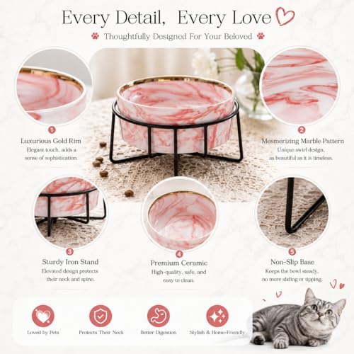 Dazzling Ceramic Elevated Cat Bowls, Gift for Cat Owner, Birthday (Medium,Pink) - Image 3