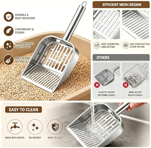 304 Stainless Steel Cat Litter Scoop with Striped Sifter, One-Piece Metal Kitty Shovel for Tofu & Mixed Litter, Rust-Proof Deep Sifter for Easy Home Maintenance - Image 5