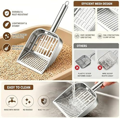 304 Stainless Steel Cat Litter Scoop with Striped Sifter, One-Piece Metal Kitty Shovel for Tofu & Mixed Litter, Rust-Proof Deep Sifter for Easy Home Maintenance - Image 5