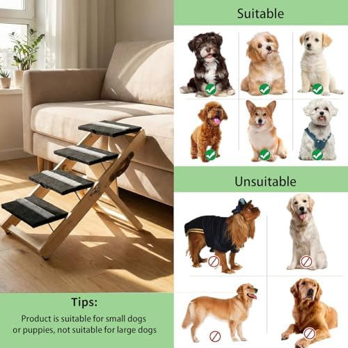 2-in-1 Indoor Pet Ramp, Wooden Folding 4-Tier Pet Stairs with Non-Slip Carpeted Steps, Ramp Perfect for Bed and Couch, 12.5" to 22.5" Height Adjustable (31.5x15) - Image 7