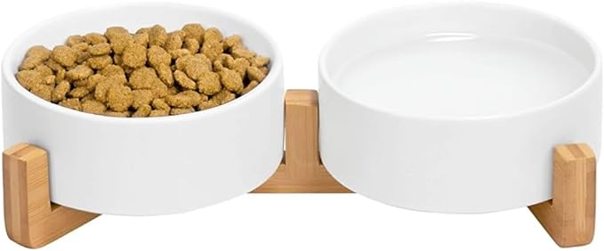 Ceramic Cat and Small Dog Bowl Set – Modern Indoor Small Size Pet Food and Water Bowls with Wood Stand – Non Slip Puppy Sized Feeding Station with Double Dishes (White)