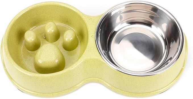 Tineer Double Pet Dog Slow Feeder Bowl,Stainless Steel Anti-Choke Puppy Food and Water Feeder for Dog Cats (Green)