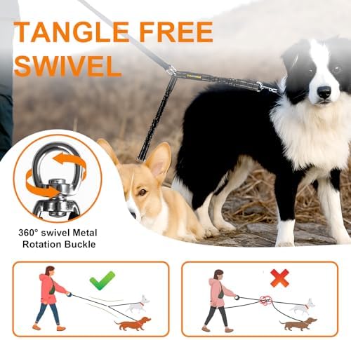 MingXpet 2 Dog Leash, Dog Leash for 2 Dogs, 360° Swivel No Tangle Double Walking Training Leashes for Small Dogs, Comfortable Shock Absorbing Reflective Bungee, Black - Image 4