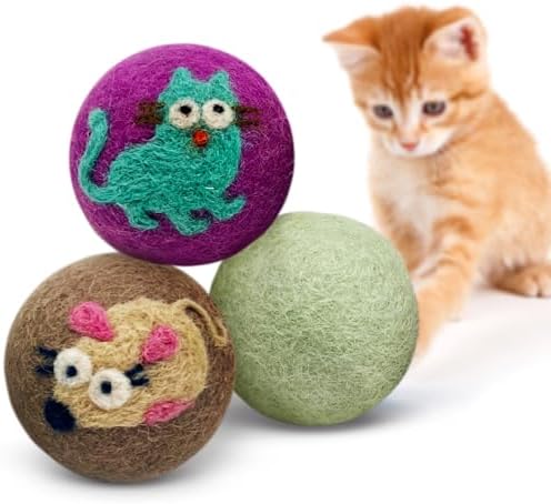 Love Ewe Wool Cat Toys Ball 3 Pack, 2-inch Cat and Mouse by HustleBlush