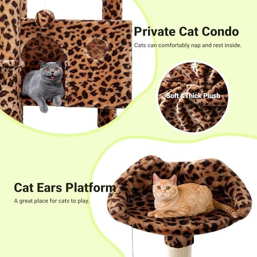 Allewie 64 Inches Cat Tree Tower/Multi-Level Activity Center for Indoor Big Felines/2 Plush Condos/2 Perchs/Basket/House/Sisal Scratching Posts/Hanging Cat Toys/Leopard Print - Image 6