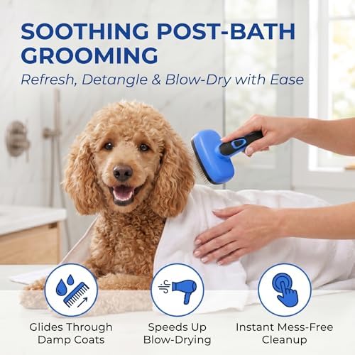 Self Cleaning Slicker Brush for Dog and Cat Shedding, Blue - Image 4