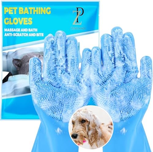 High-Density Silicone Pet Grooming Gloves with Enhanced Five Finger Design for Bathing, Massaging Dogs and Cats (Blue) by ZENELANEP