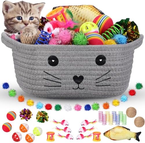 Zopeal 58 Pcs Cat Toy Set with Storage Basket Indoor, Grey, 9.8 Inch by Zopeal