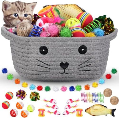 Zopeal 58 Pcs Cat Toy Set with Storage Basket Indoor, Grey, 9.8 Inch by Zopeal