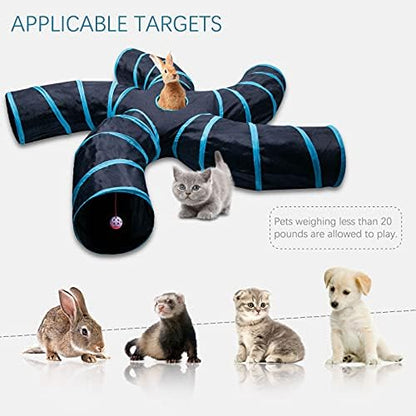 EGETOTA Cat Tunnel for Indoor Cats Large, with Play Ball S-Shape 5 Way Collapsible Interactive Peek Hole Pet Tube Toys, Puppy, Kitty, Kitten, Rabbit (Blue & Black) - Image 2