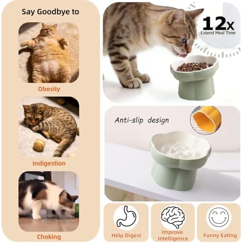 Ceramic Elevated Slow Feeder Cat Bowl,Anti Vomit Design for Whisker Fatigue Relief,Elevated Slow Feeder Bowls for Indoor Cats&Small Breeds,Perfect for Wet Food&Small Dogs (2, White & Purple) - Image 3